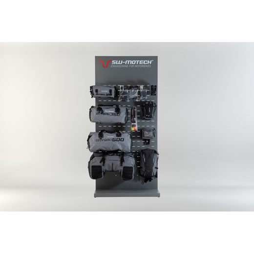 SW MOTECH SALES DISPLAY - WALL WITH EQUIPMENT THEME: WATERPROOF AND ACCESSORIES.