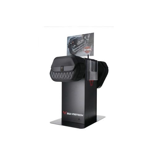 SW MOTECH SALES DISPLAY WITH MOUNTING THEME: HARLEY LH SIDE BAG AND ACCESSORIES.