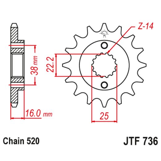 ŘETĚZOVÉ KOLEČKO JT JTF 736-15RB 15 ZUBŮ, 520 POGUMOVANÉ