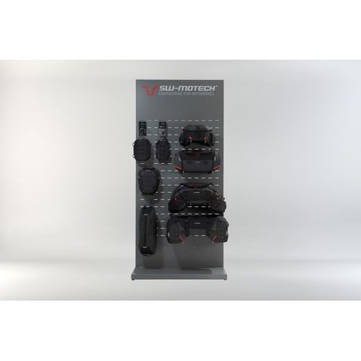 SW MOTECH SALES DISPLAY - WALL WITH EQUIPMENT TOPIC: PRO REAR BAGS AND ACCESSORIES.