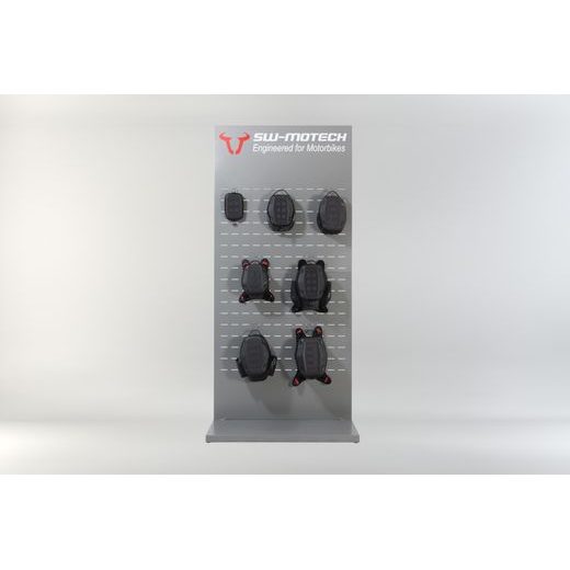 SW MOTECH SALES DISPLAY WALL WITH MOUNTING TOPIC: PRO TANK BAGS AND ACCESSORIES. PART 2.