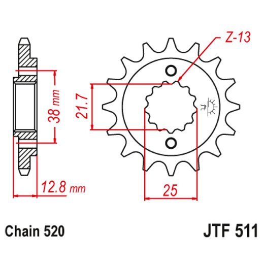 ŘETĚZOVÉ KOLEČKO JT JTF 511-16RB 16 ZUBŮ, 520 POGUMOVANÉ