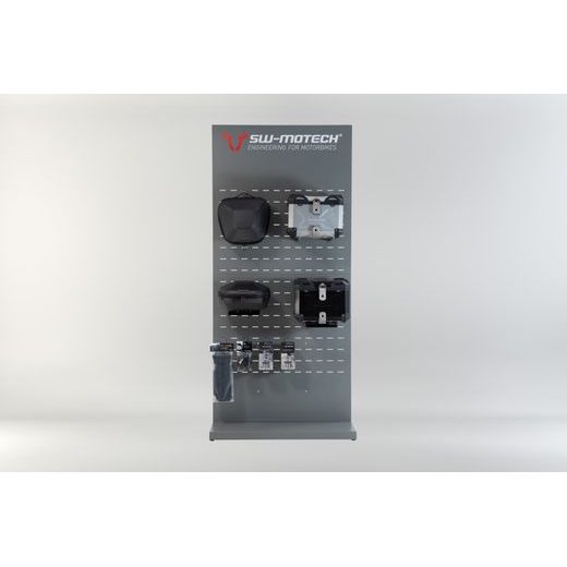 SW MOTECH SALES DISPLAY - WALL WITH EQUIPMENT THEME: TOPCASES AND ACCESSORIES.