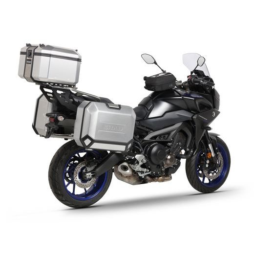 KOMPLETNÍ SADA ČERNÝCH HLINÍKOVÝCH KUFRŮ SHAD TERRA BLACK, 37L TOPCASE 36L/47L BOČNÍ KUFRY, VČETNĚ MONTÁŽNÍ SADY A PLOTNY SHAD YAMAHA MT-09 TRACER / TRACER 900