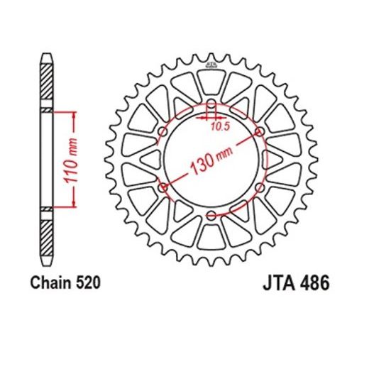 HLINÍKOVÁ ŘETĚZOVÁ ROZETA JT JTA 486-42GLD 42 ZUBŮ, 520 ZLATÁ