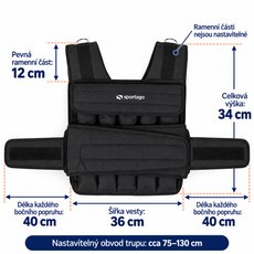 Rozměry zátěžové vesty Sportago Gravus 10 kg a obvod trupu 75 až 130 cm