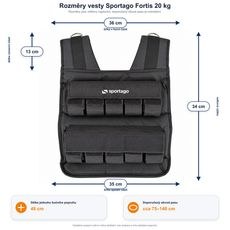 Rozměry zátěžové vesty Sportago Fortis 20 kg a doporučený obvod pasu 75 až 140 cm