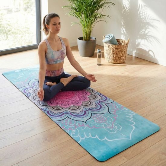 Designová TPE podložka na jógu Sportago s mikrovláknem 183x61 cm - tyrkysová