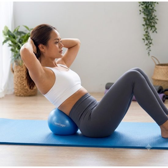 Žena cvičiaca pilates s modrým overballom Sportago pod chrbátom na modrej podložke.