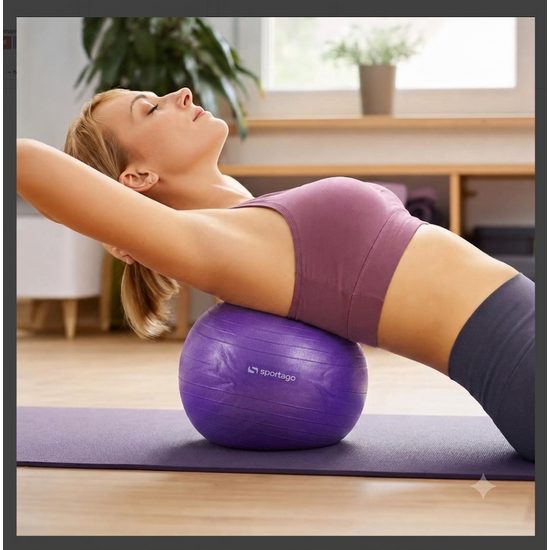 Žena cvičí pilates s veľkým fialovým overballom Sportago 30 cm pod chrbátom na fialovej podložke.