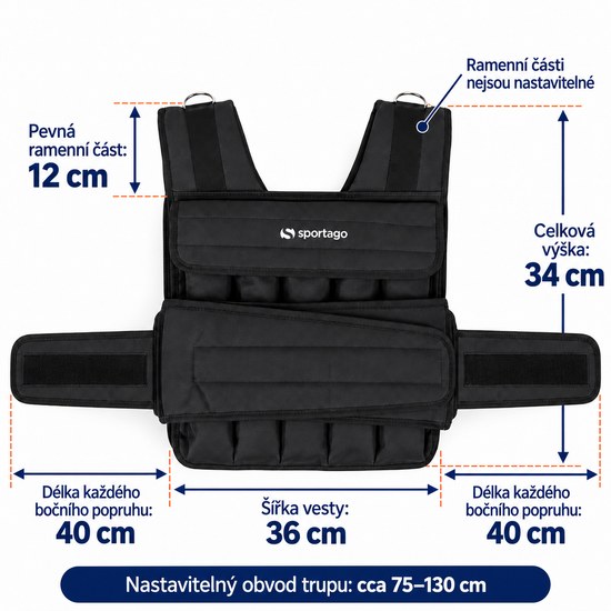 Rozměry zátěžové vesty Sportago Gravus 10 kg a obvod trupu 75 až 130 cm