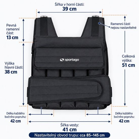 Rozměry zátěžové vesty Sportago Gravus 20 kg a obvod trupu 85 až 145 cm