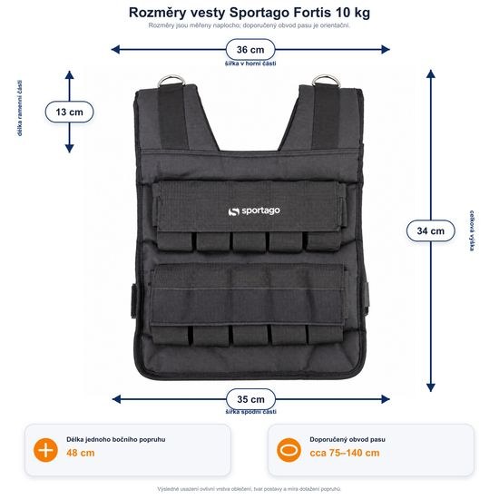 Rozměry zátěžové vesty Sportago Fortis 10 kg a doporučený obvod pasu 75 až 140 cm