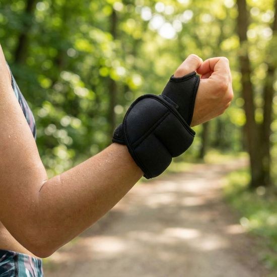 Detail závaží Sportago Thumby na zápěstí při venkovním použití