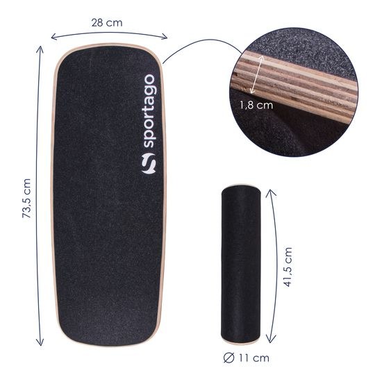 Nákres s rozmermi balančnej dosky a valca Sportago Swayboard