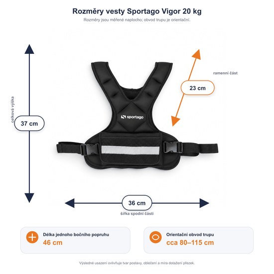 Rozmery záťažovej vesty Sportago Vigor 20 kg a orientačný obvod trupu 80 až 115 cm