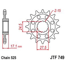 ŘETĚZOVÉ KOLEČKO JT JTF 749-15RB 15 ZUBŮ, 525 POGUMOVANÉ