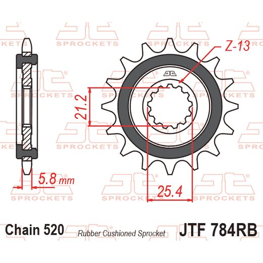 ŘETĚZOVÉ KOLEČKO JT JTF 784-14RB 14 ZUBŮ, 520 POGUMOVANÉ