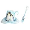 Playful penguins design sculptured porcelain cup and saucer + spoon, FRANZ Porcelain