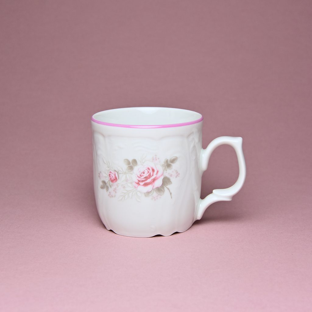 Pink line: Mug 0,23 l, Thun 1794 Carlsbad porcelain, Bernadotte roses -  Thun 1794 - BERNADOTTE roses + Gold or Pink line - Thun 1794 Carlsbad  porcelain, by Manufacturers or popular decors -
