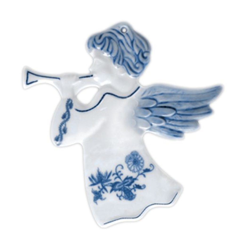 Vánoční ozdoba - anděl s trumpetou 8,8 x 9,4 oboustranný cm, Cibulák,  originální z Dubí - Cibulák (Blue Onion pattern) - Vánoční a velikonoční  ozdoby - Cibulák, originální z Dubí, Podle vzoru