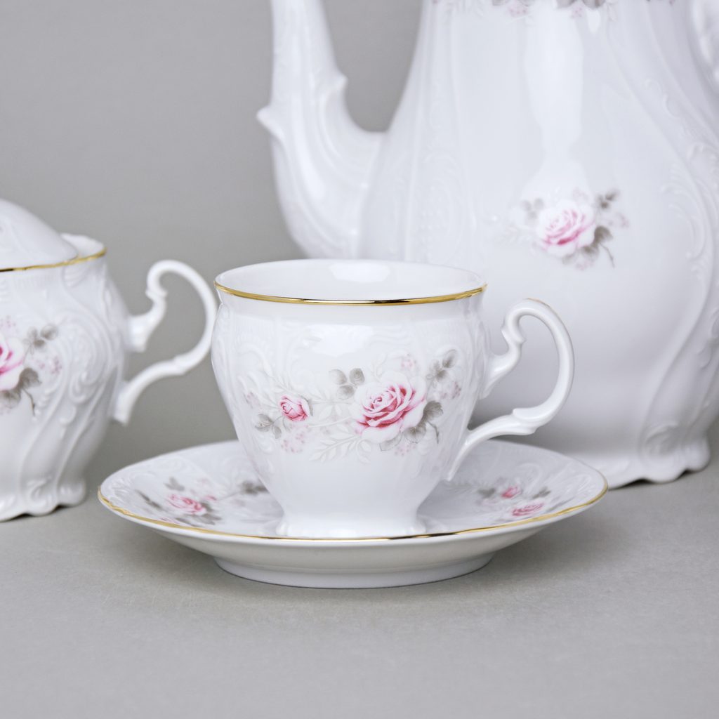 Gold line: Coffee set for 6 persons, Thun 1794 Carlsbad porcelain,  Bernadotte roses - Thun 1794 - BERNADOTTE roses + Gold or Pink line - Thun  Carlsbad porcelain, by Manufacturers or popular