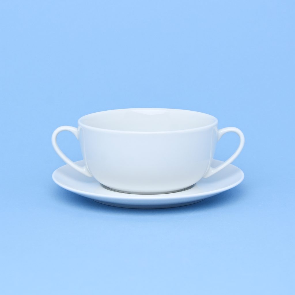 Šálek na polévku 370 ml s uchy + podšálek 17,5 cm, Saphyr bílý, Thun 1794,  karlovarský porcelán - Thun 1794 - Cibulák Henrietta + bílý Coups - Thun  1794, karlovarský porcelán, Podle
