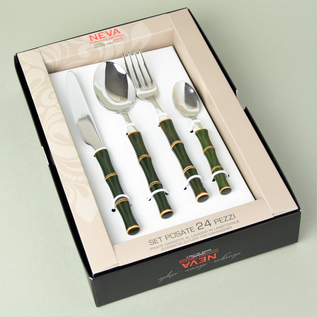 Posateria - set, NEVA a sklo, green, Creativa decors by příbory cutlery porcelán, popular český or BAMBOO - Manufacturers Dumporcelanu.cz NEVA - příbory NEVA 24 pcs. Posata - Italian - cutlery evropský Italské 14407