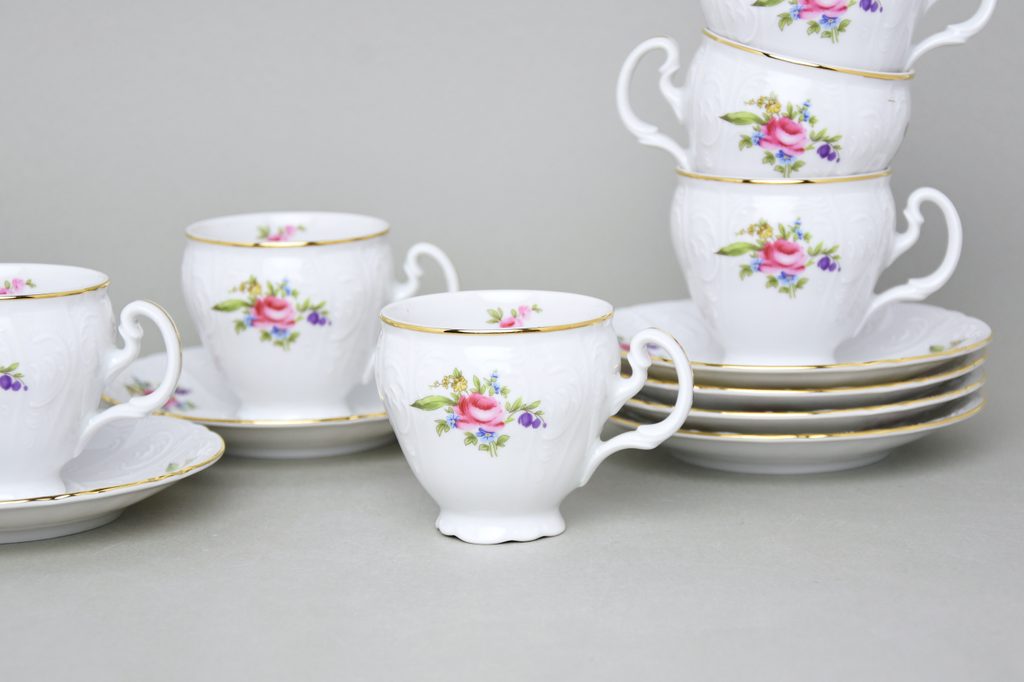 Coffee cup and saucer 150 ml / 14 cm - 6 pcs., Thun 1794, Carlsbad  Porcelain, BERNADOTTE Meissen Rose