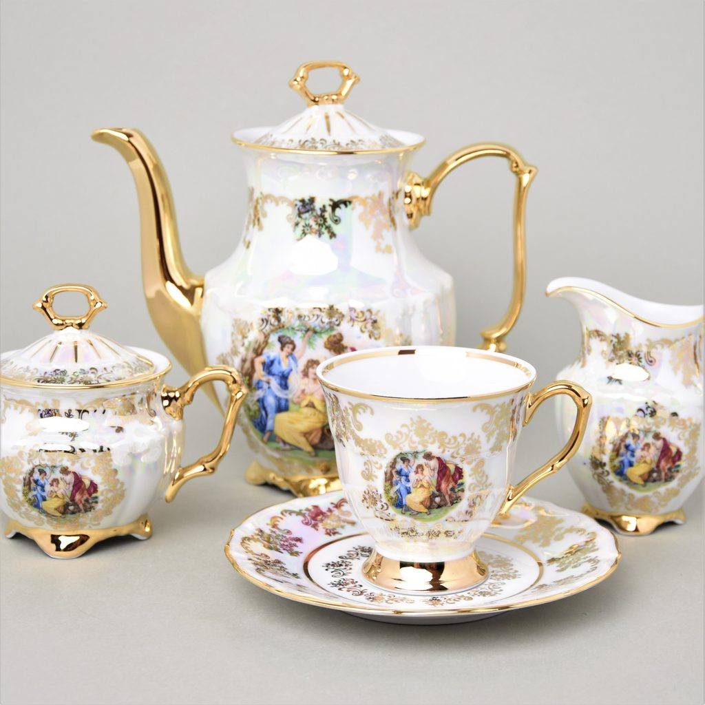 Coffee set for G. Carlsbad by decor - Stara The Graces a Three Benedikt 1882, 6 Carlsbad pers., - + Porcelain The Role Queens - Graces gold, and Royal Carlsbad porcelain Three