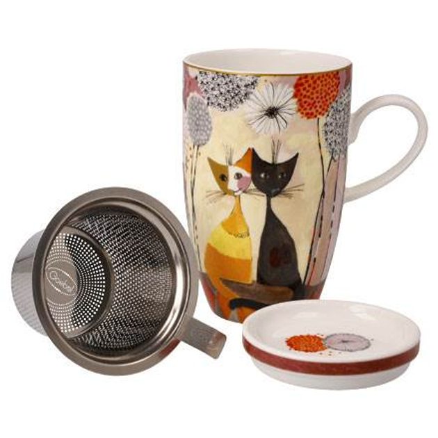 Tea Cup 400 ml with Lid and Strainer Rosina Wachtmeister - Soffioni, 11,5 /  8 / 14 cm, fine bone china, Goebel - Goebel - Mugs, cups, glasses - Cats  Goebel