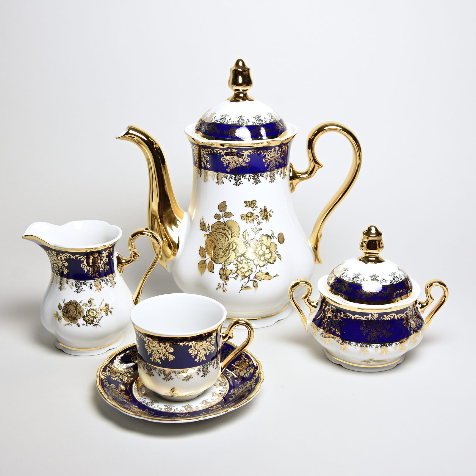 Mary-Anne 431: Coffee set for 6 pers., cobalt + gold rose, Leander