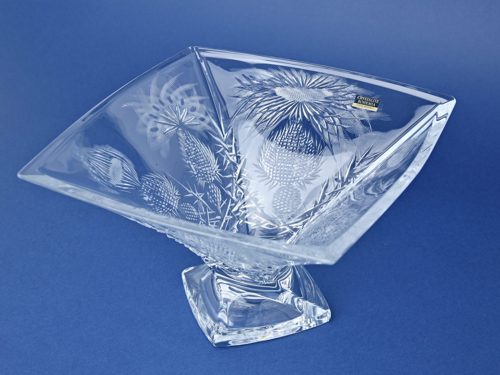Crystal Hand Cut Bowl On Stand QUADRO, Decor Thistles, 320 mm