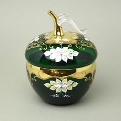 Křišťálová dóza "Jablko" kulatá velká - ZELENÁ, v. 22 cm, zlato + smalt, Jahami Bohemia