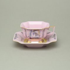 Šálek čajový 150 ml + podšálek 14 cm, Empír, dekor 562 páv, Růžový porcelán z Chodova