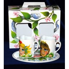 Mugs Duo and tray set Adam and Eve by Emma Srncova, Cesky porcelan a.s.