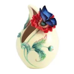 SWEETHEART-POPPY AND BUTTERFLY DESIGN SCULPTURED PORCELAIN SMALL VASE 14 x 14 x 20 cm, FRANZ porcelain
