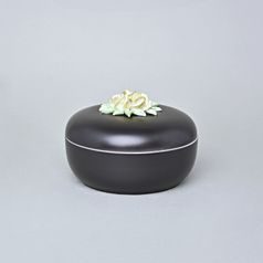 Dóza kulatá se žlutými růžemi 13,7 x 7,5 cm, Černý fond + barva, Porcelán Duchcov