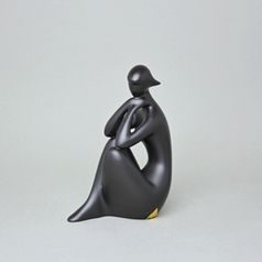 Akt sedící s copy, 16,5 x 10,5 x 6 cm, Černý fond, Porcelánové figurky Duchcov