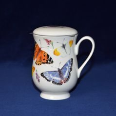 Zahrada motýlů: Hrnek 320 ml s kovovým sítkem, anglický kostní porcelán, Roy Kirkham