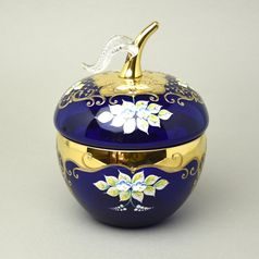 Křišťálová dóza "Jablko" kulatá velká - MODRÉ, v. 22 cm, zlato + smalt, Jahami Bohemia