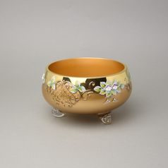 Bowl footed 20 x 11 cm, gold + enamel flowers, Bohemia