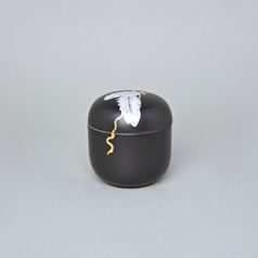 Dóza s pírky a zlatou stuhou 9,5 x 9 cm, Černý fond + zlato, Porcelán Duchcov