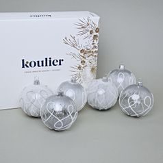 Vánoční skleněné koule 6 ks. sada, 10 cm, Bílostříbrné, České vánoční ozdoby KOULIER