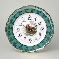 Clock wall 24 cm, Thun 1794 Carlsbad porcelain, hunting decor + green pearl