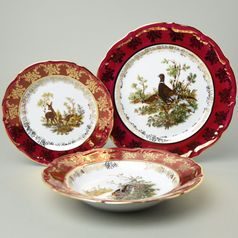 Plate set for 6 pers., Hunting - ruby red, Carlsbad porcelain