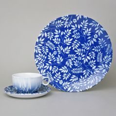 Snídaňová sada: šálek 200 ml a podšálek 15,5 cm + mělký talíř 26 cm, Modro-bílé listy, G. Benedikt 1882