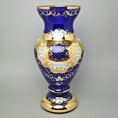 Váza 43 cm skleněná MODRÁ velká, zlato + smalt, novoborské sklo