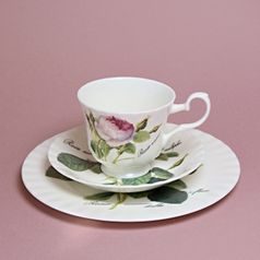 Redoute Rose: Trio Set - Tea Cup 220 ml, Saucer breakfast and Dessert Plate, English Fine Bone China, Roy Kirkham