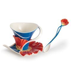 Summer poppy design sculptured porcelain cup and saucer + spoon, FRANZ Porcelain